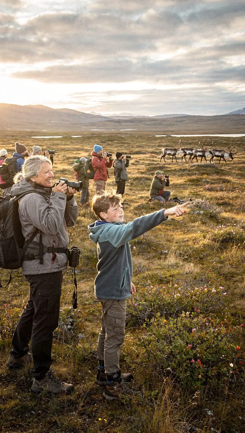 Пейзаж Аляски с величественными ледниками и дикими животными на фоне яркого северного сияния.
